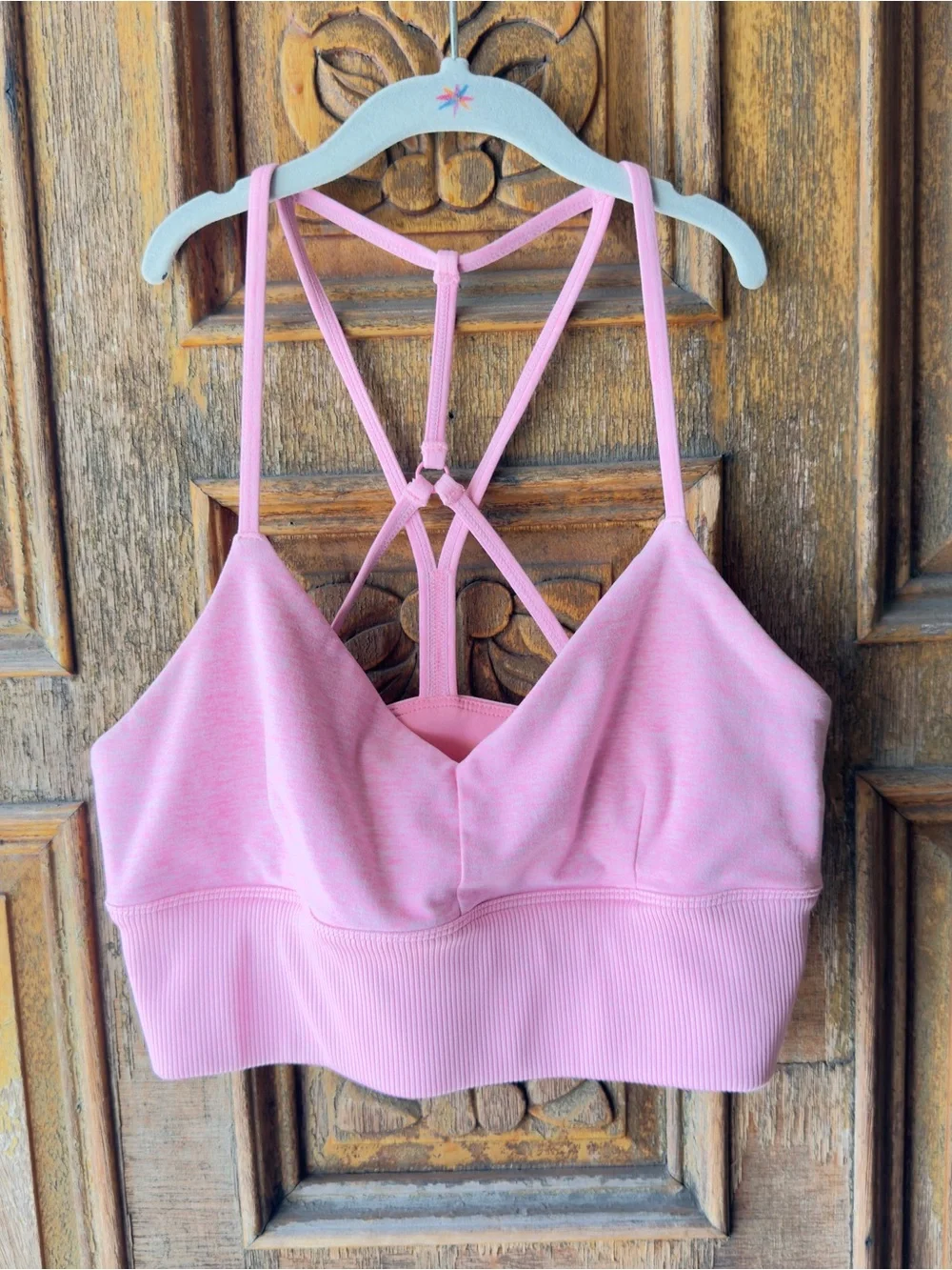 ALO Yoga Lavish Heathered Pink Sports Bra with Cross-Back